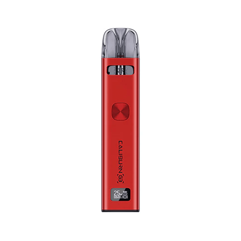 Red Uwell Caliburn G3 pod vape kit standing upright against a white background.