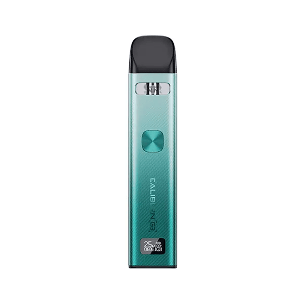 Uwell Caliburn G3 Pod Vape Kit in green, front view, showing button and logo.