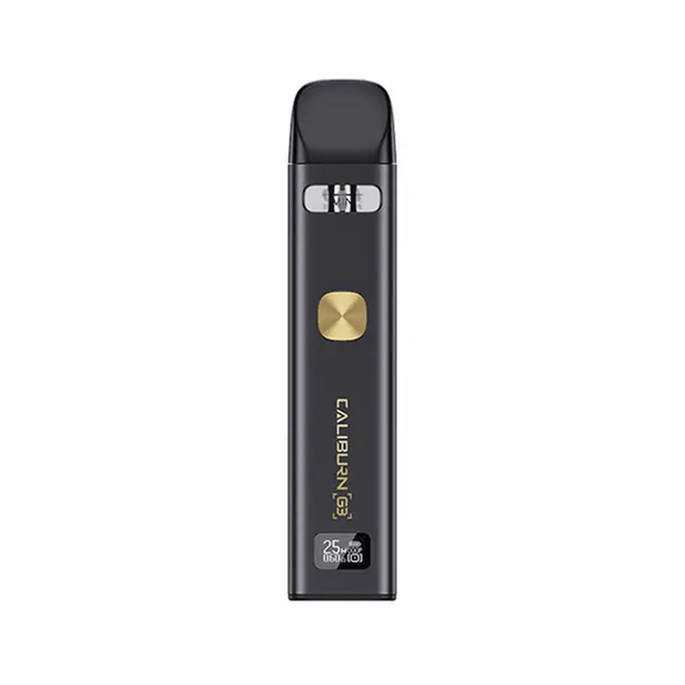 Uwell Caliburn G3 pod vape kit in black, featuring a sleek design and gold button.