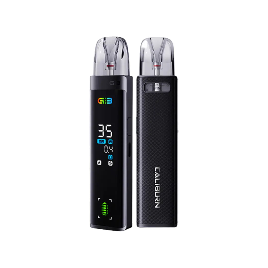 Uwell Caliburn G3 Pro Pod Vape Kit in Black Leather with digital display and sleek design.