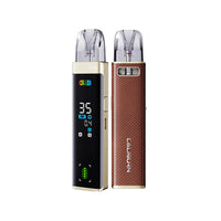 Uwell Caliburn G3 Pro Pod Vape Kit in Brown Leather with digital display and sleek design.