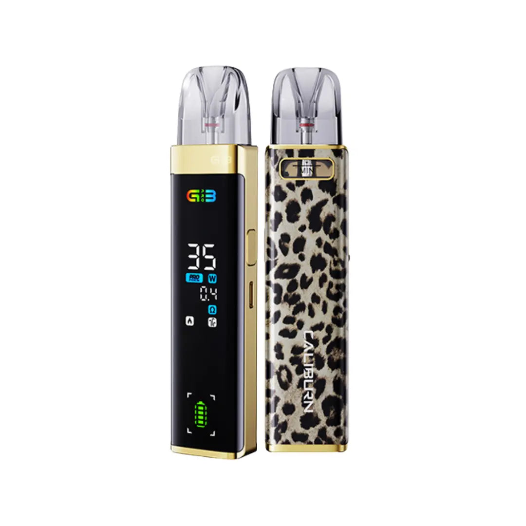 Uwell Caliburn G3 Pro Pod Vape Kit in Golden Leopard with digital display and sleek design.