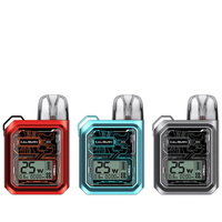 Three Uwell Caliburn GK3 Pod Kits in red, blue, and silver with digital displays.