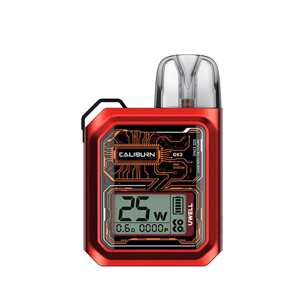 Uwell Caliburn GK3 Pod Kit in red, displaying 25W on the digital screen.