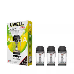 Uwell GPP Alpha vape pod packaging with three pods on a white background in 0.6ohm resistance, 3ml XL.