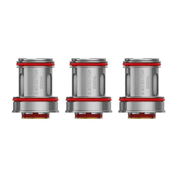 Three Uwell Crown 4 coils with red O-rings and silver casing on a grey background.