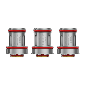 Three Uwell Crown 4 coils with red O-rings and silver casing on a grey background.