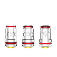 Uwell Crown 5 replacement coils with red accents, shown in a row against a white background.