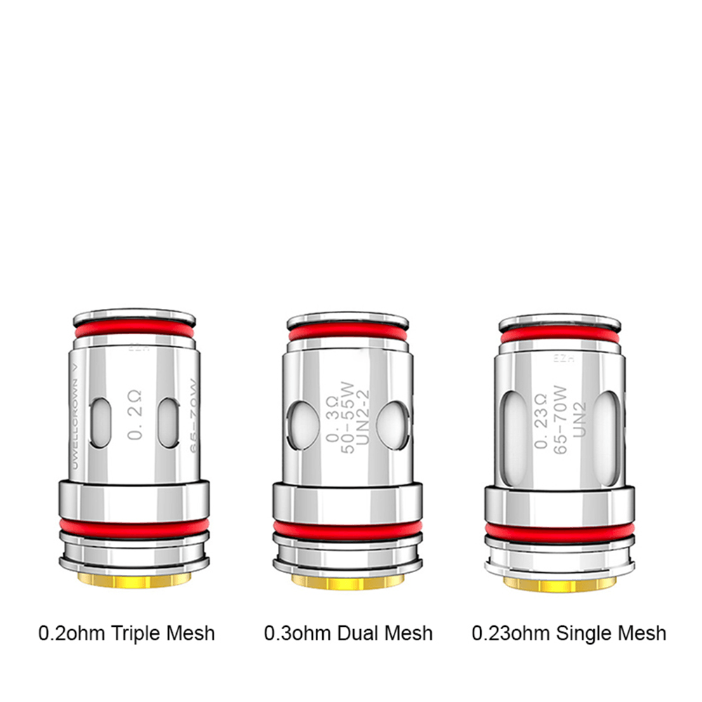 Uwell Crown 5 replacement coils in 0.2, 0.3, and 0.23 ohm variants.