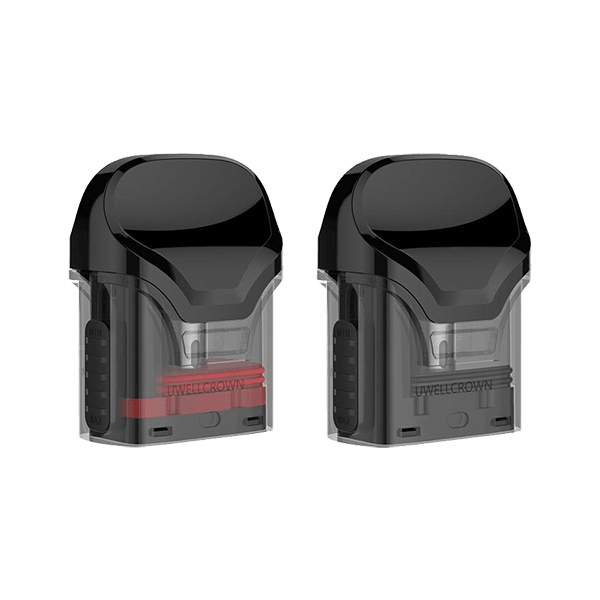 Two Uwell Crown replacement pods with black tops and transparent bases, showing branding.