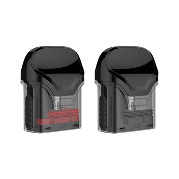 Two Uwell Crown replacement pods with black tops and transparent bases, showing branding.