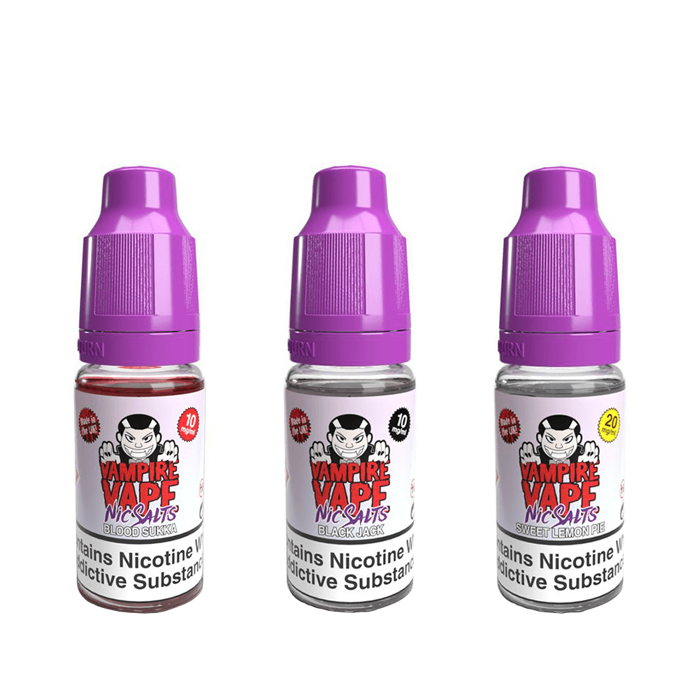 Three Vampire Vape e-liquid bottles with purple caps, featuring bold labels and nicotine warnings.