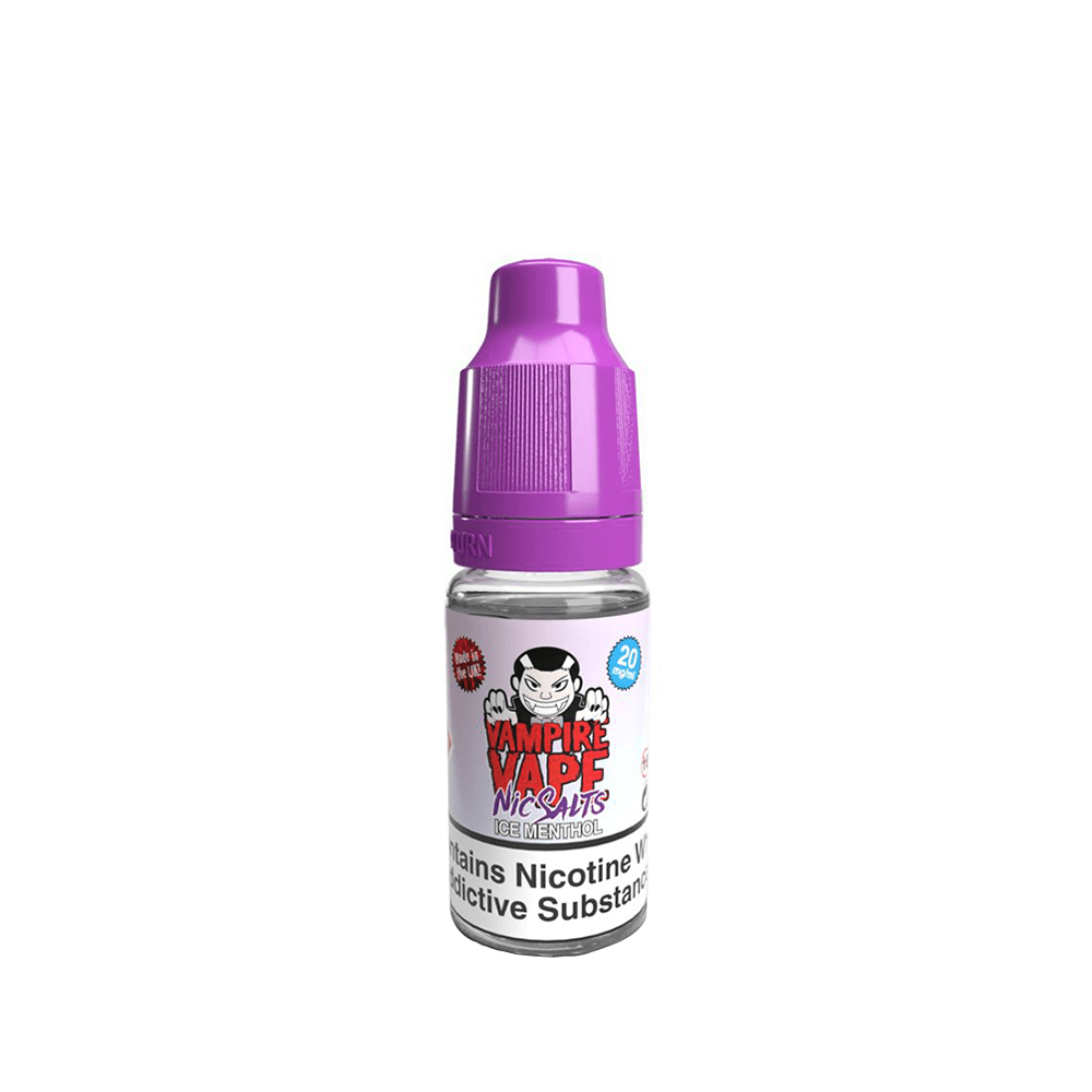 Vampire Vape 10ml Nic Salts bottle with purple cap and bold logo on white label.