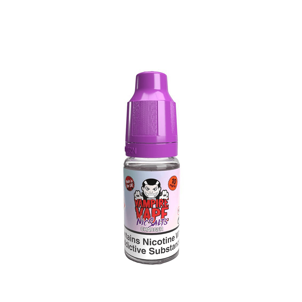 Purple-capped Vampire Vape Nic Salts bottle with a cartoon vampire logo on the label.