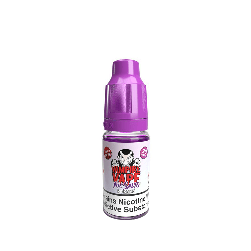 Purple bottle of Vampire Vape Nic Salts e-liquid with a cartoon vampire logo.