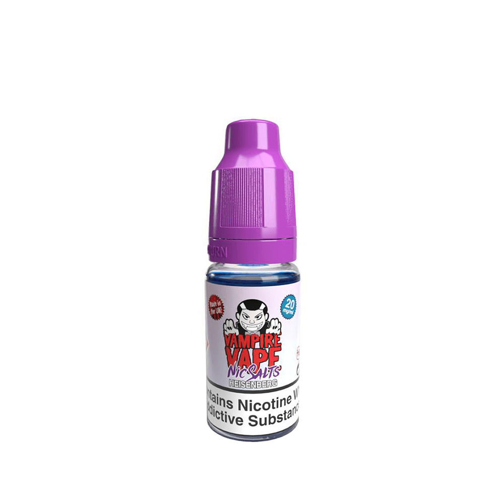 Vampire Vape Nic Salts bottle with a purple cap, featuring a cartoon vampire logo.