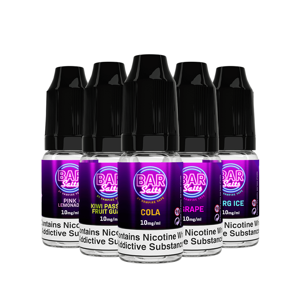 Five Vampire Vape Bar Salts bottles in various flavours: Pink Lemonade, Kiwi Passionfruit Guava, Cola, Grape, and Blue Razz Ice.