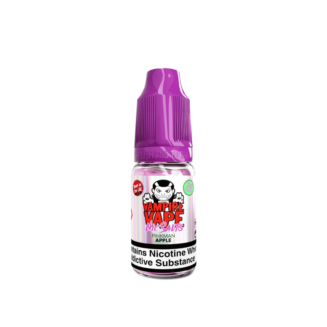 Vampire Vape Pinkman Apple 10ml nic salt bottle with purple cap, 20mg nicotine strength.