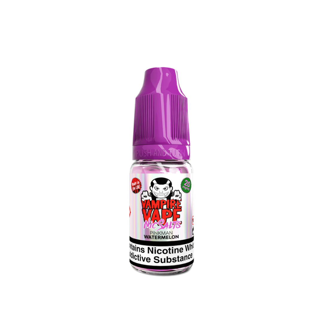 Vampire Vape Pinkman Watermelon 10ml nic salt bottle, 20mg, with purple cap.