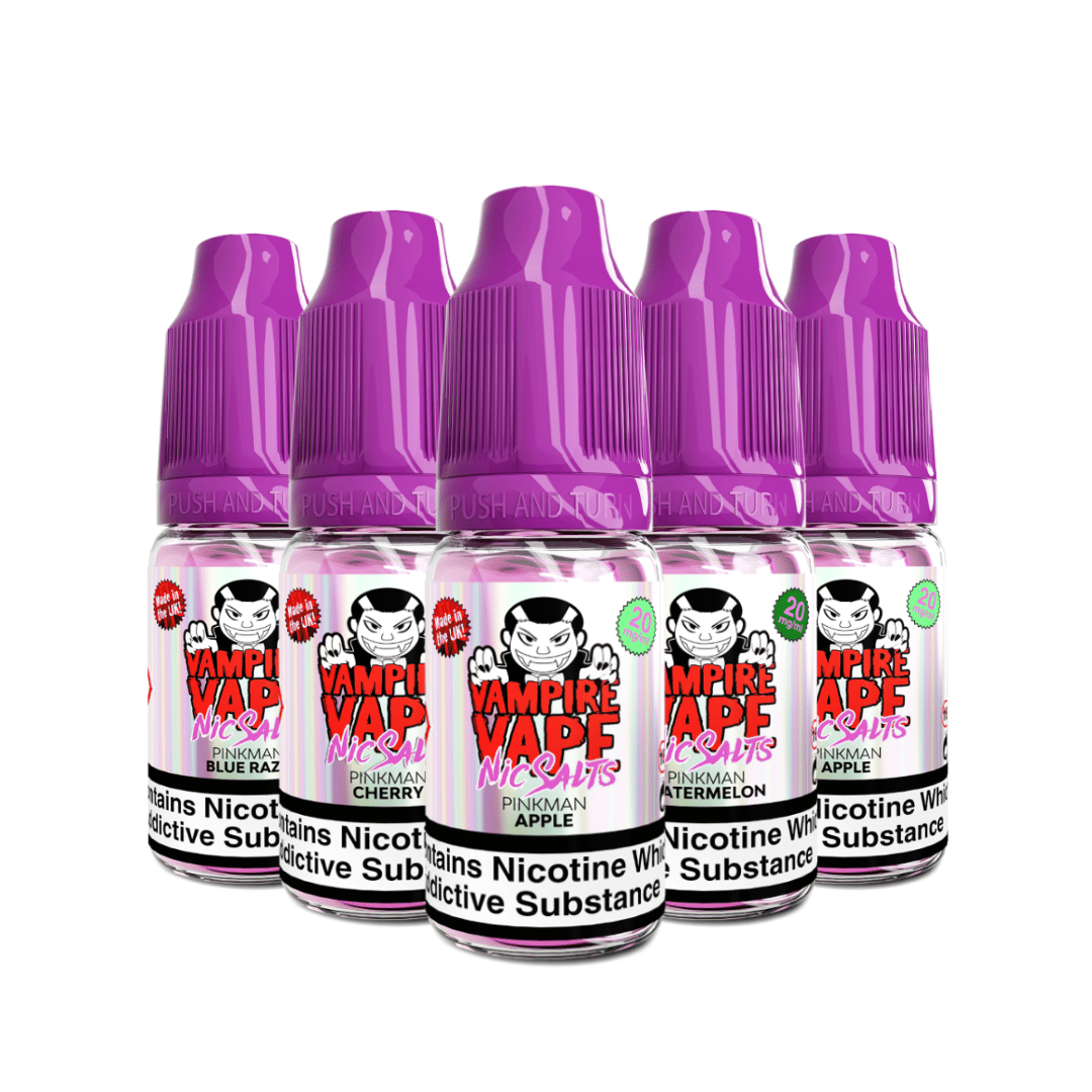 Vampire Vape Pinkman nic salt bottles in various fruit flavours with purple caps.