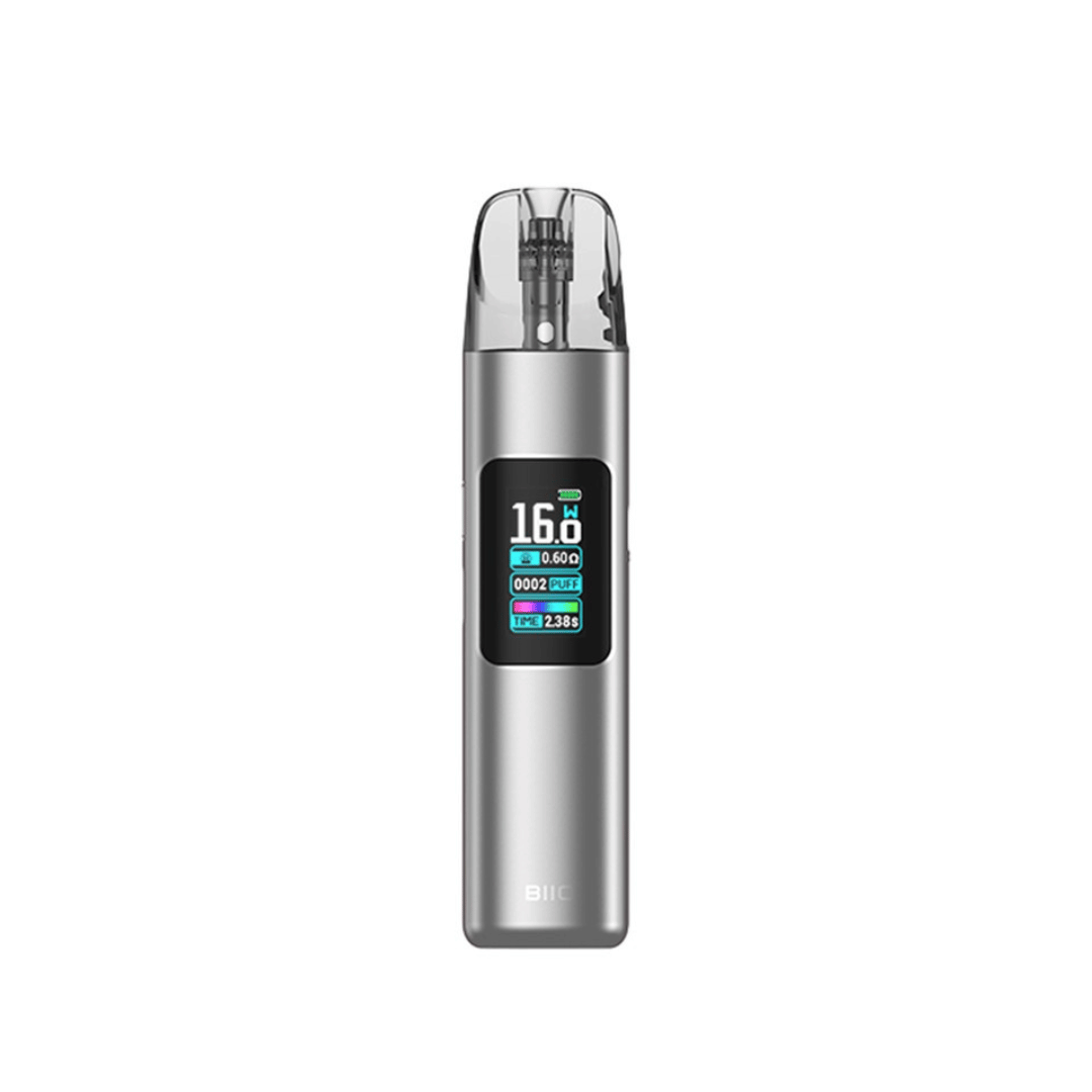 Vandy Vape Biio Pod Kit in frost silver with a digital screen displaying settings.