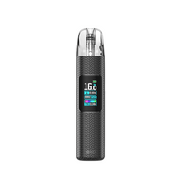 Vandy Vape BiiO Pod Kit in obsidian black, displaying wattage and settings on its screen.