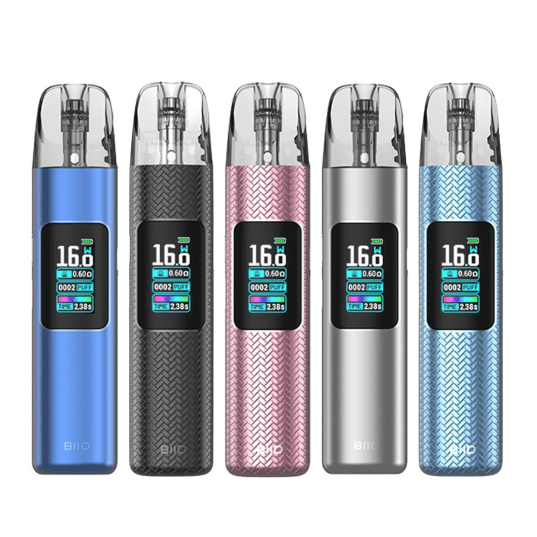 Five Vandy Vape Biio Pod Kits in blue, black, pink, silver, and light blue.