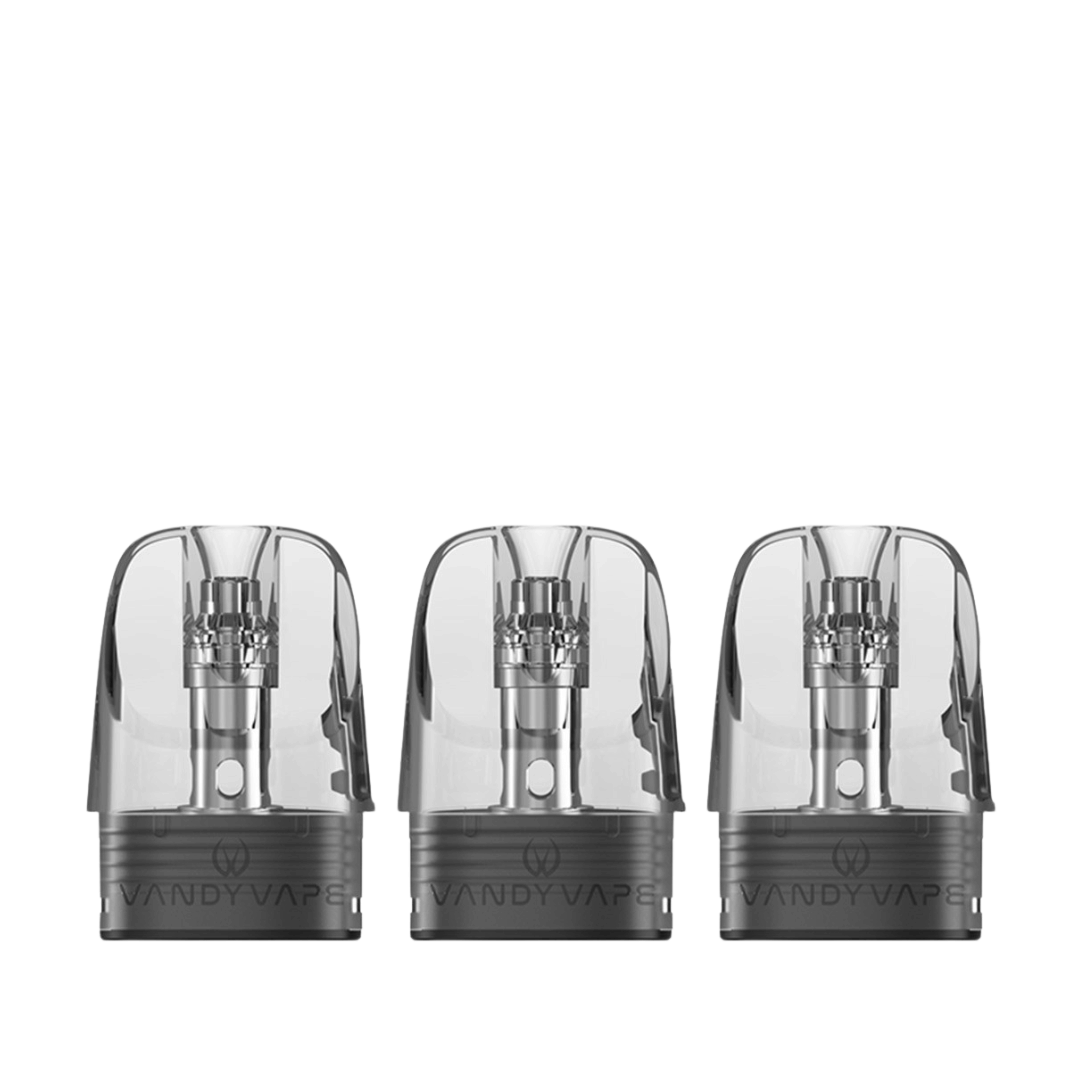 Three Vandy Vape Biio replacement pod cartridges, transparent with visible coils.