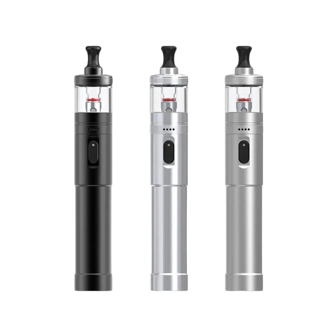 Vandy Vape BSKR Elite MTL Vape Kit shown in three stylish finishes Black, Stainless Steel, Gunmetal. Each device features a sleek cylindrical design, an intuitive fire button, and a transparent tank for easy liquid monitoring. Perfect for a satisfying mouth-to-lung vaping experience.