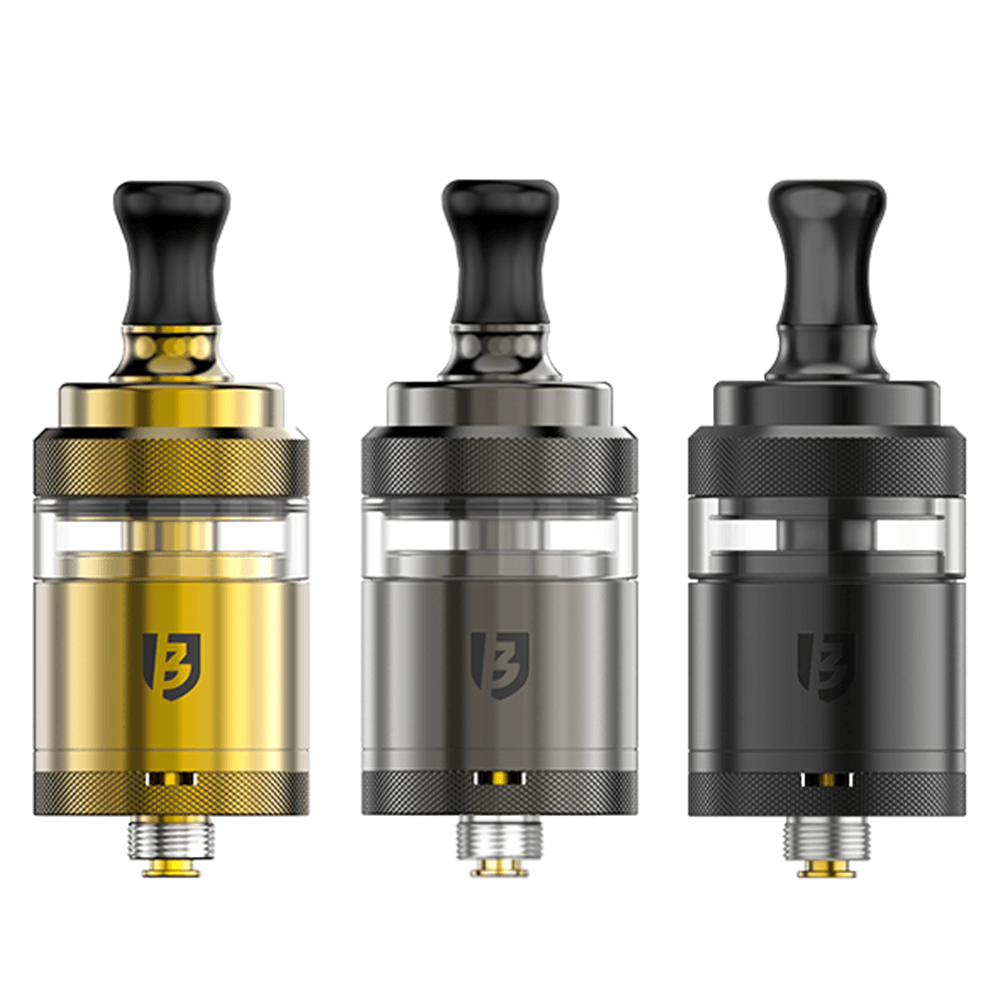 Three Vandy Vape BSKR Mini V3 MTL RTAs in gold, silver, and black.