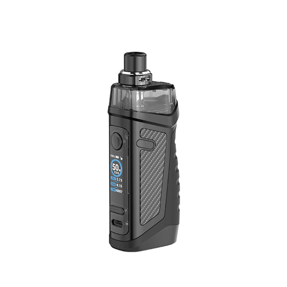 Vandy Vape Jackaroo 18650 Pod Kit in black with textured grip, displayed on a white background.