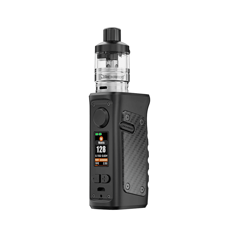 Vandy Vape Jackaroo Mini Kit in black with display screen showing wattage and settings.