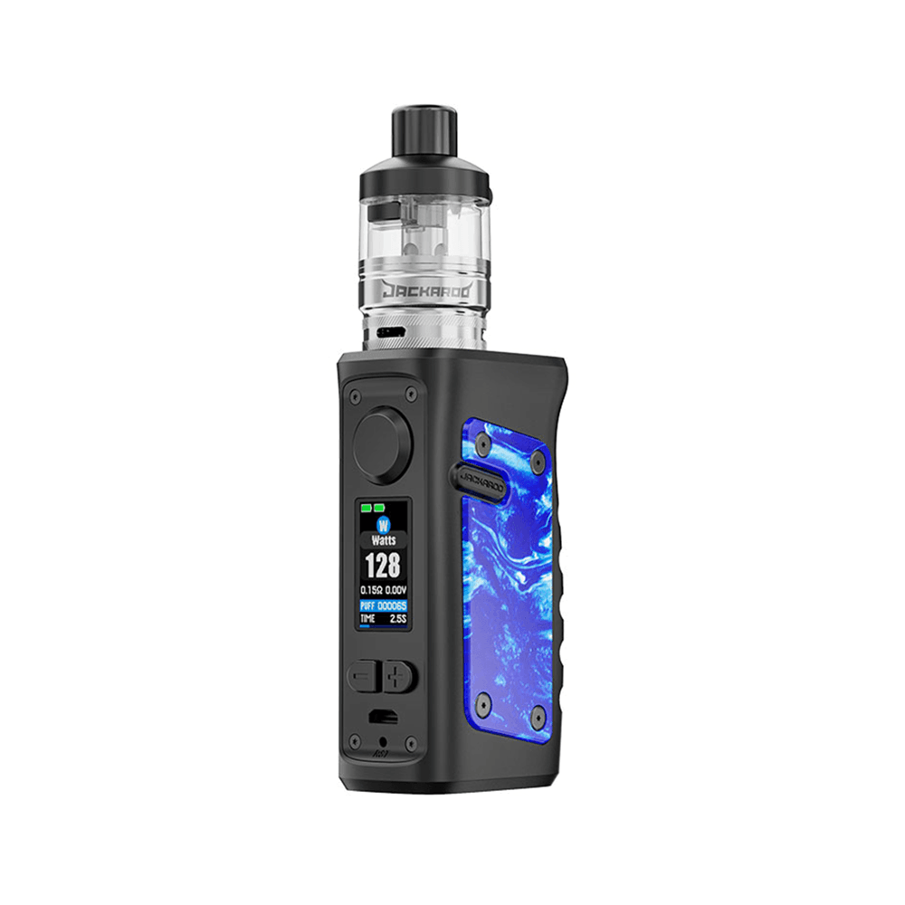 Vandy Vape Jackaroo Mini Kit with a blue design and digital display, shown on a white background.