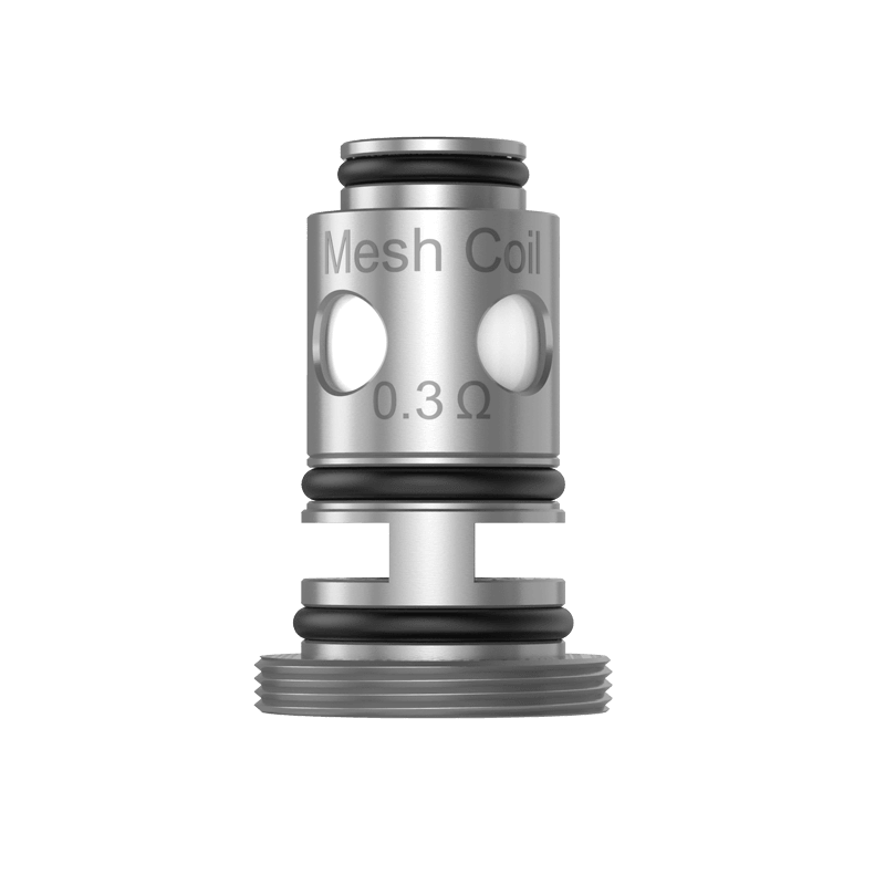 Silver mesh coil with "Mesh Coil 0.3Ω" text, designed for vaping devices.