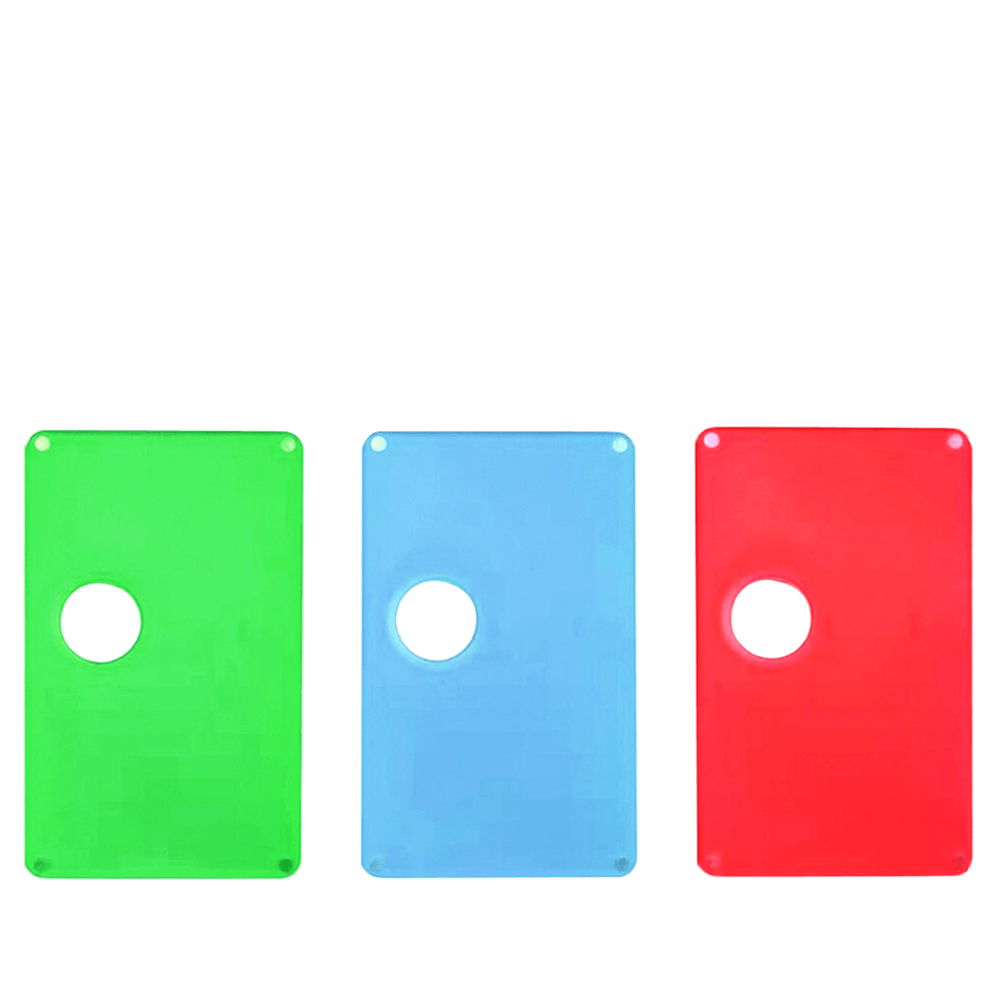 Three colourful vape panels in green, blue, and red with circular cutouts.