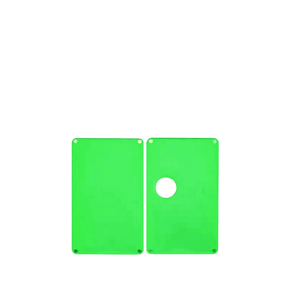 Bright green Vandy Vape Pulse AIO replacement panels with one featuring a circular cutout.