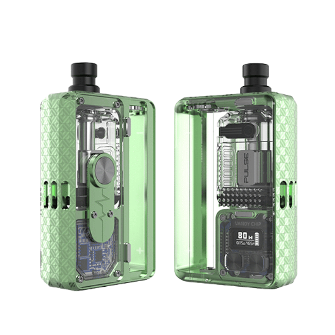 Green Vandy Vape Pulse AIO V2 device with transparent casing, showing internal components.