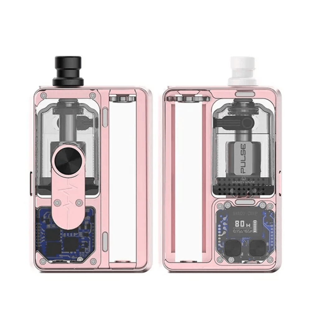 Vandy Vape Pulse AIO V2 Kit in pink, showing front and back views with transparent panels.