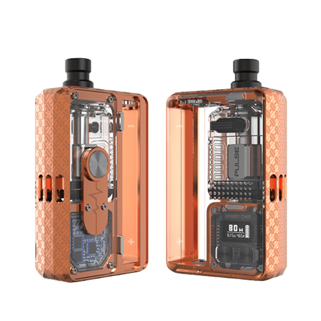 Vandy Vape Pulse AIO V2 in orange, showing front and back views with visible internal components.