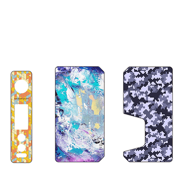 Vape mod replacement panels with colourful abstract and pixelated designs.