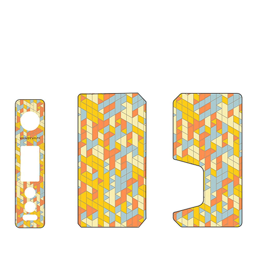 Geometric patterned vape panels and faceplate in orange, yellow, and blue.