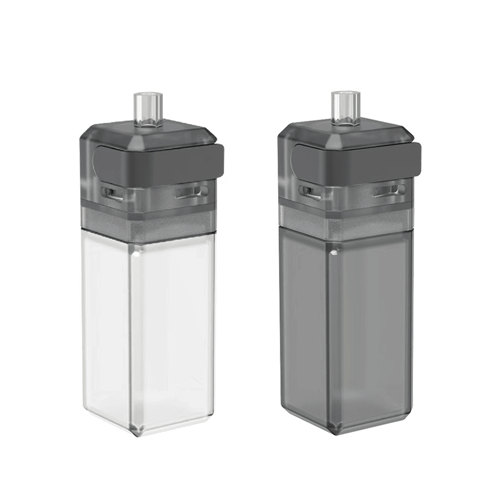 Two Vandy Vape Pulse V3 Squonk bottles, one clear and one dark grey, on a plain background.