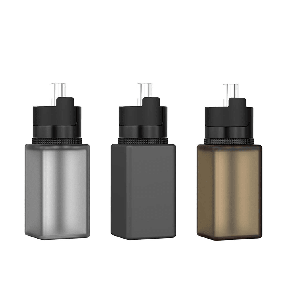 Three Vandy Vape Requiem BF Kit squonk bottles in silver, black, and gold.