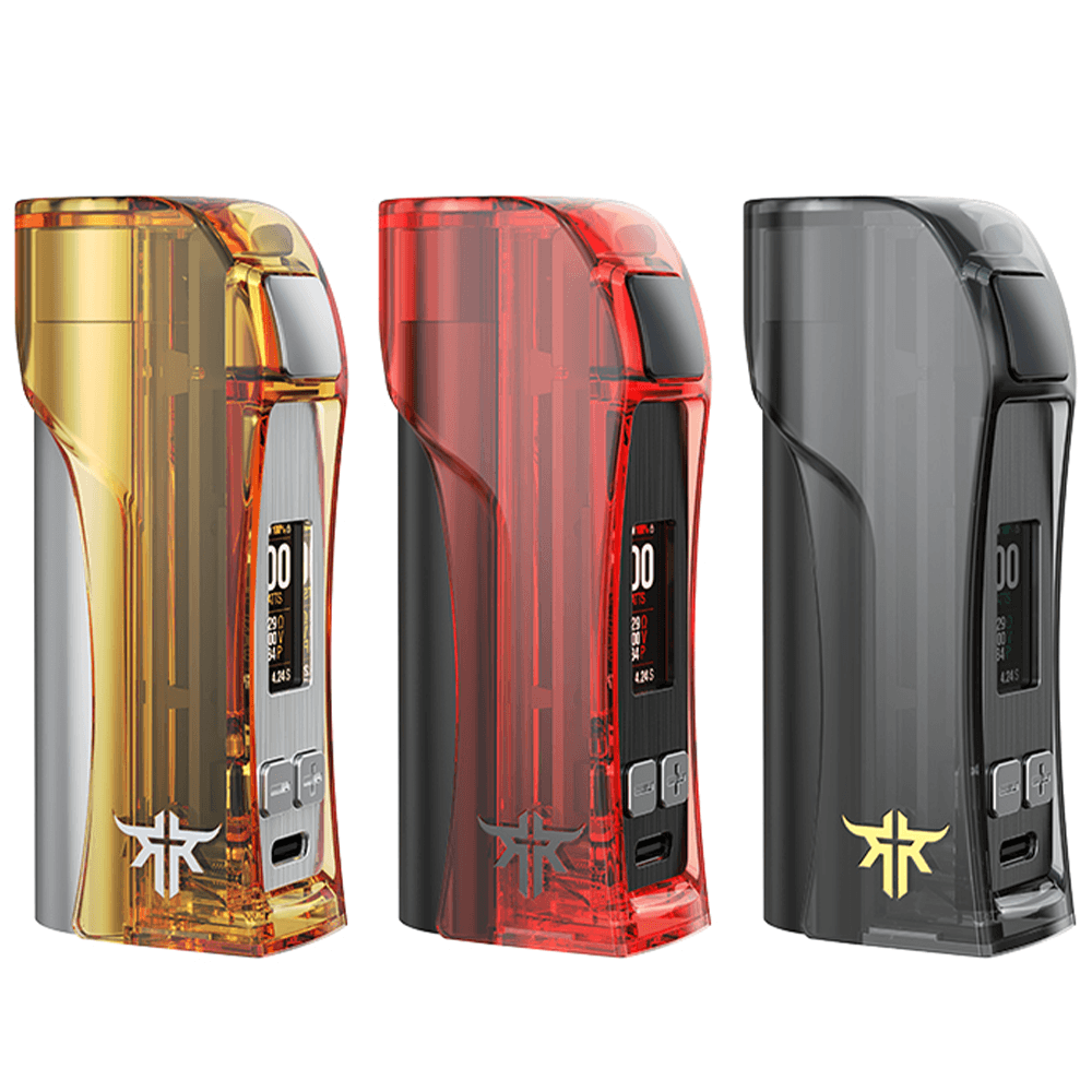 Three Vandy Vape Requiem Box Mods in gold, red, and black with display screens and buttons.