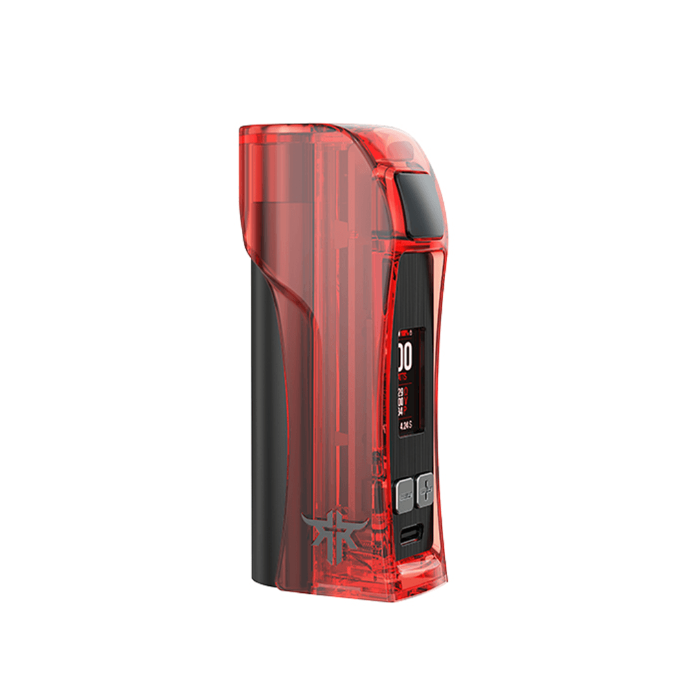 Red transparent Vandy Vape Requiem Box Mod with digital display and controls.