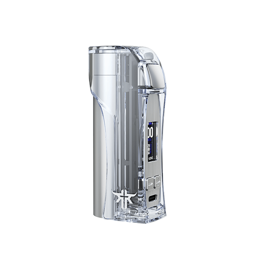 Transparent vape mod with digital display and sleek, modern design.