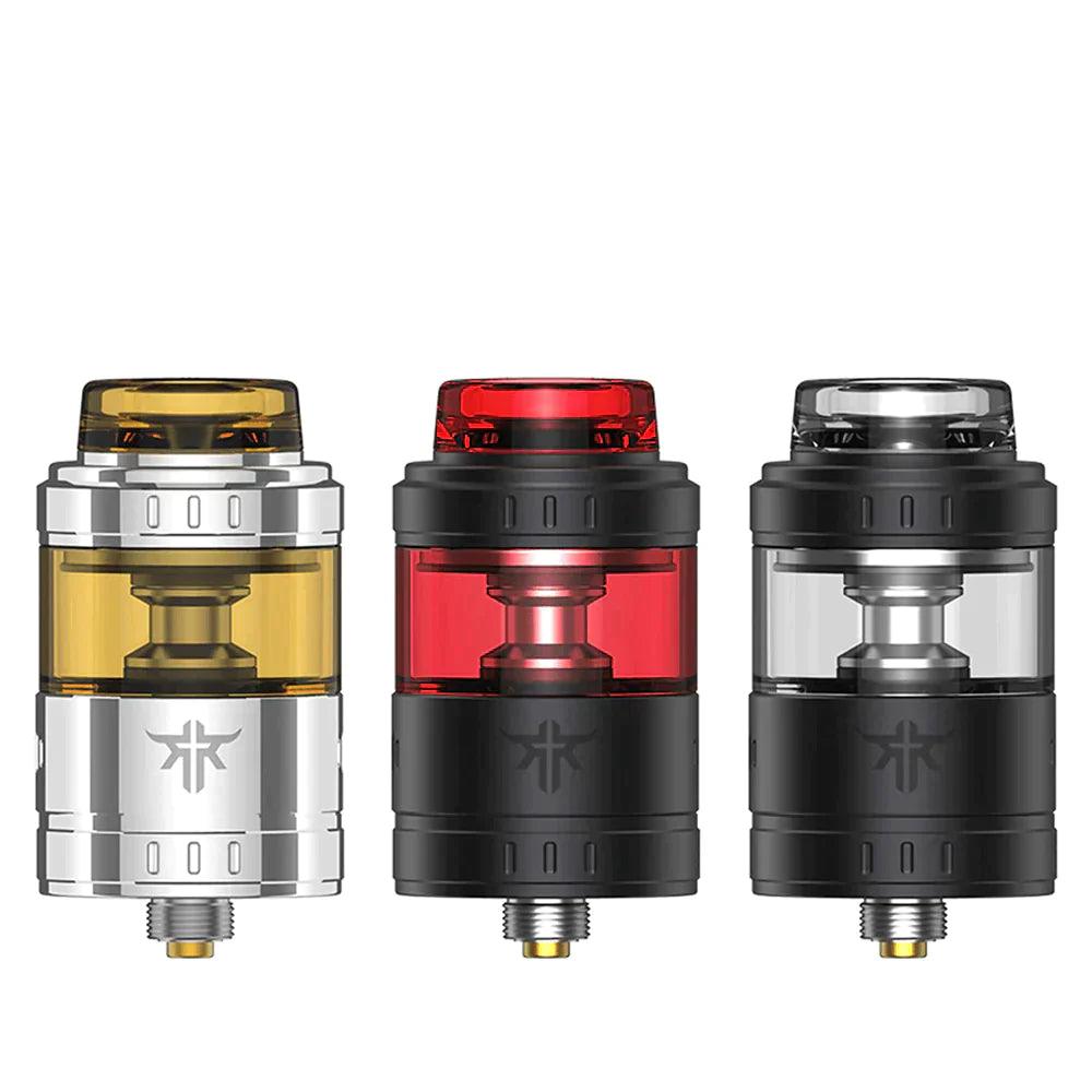 Three Vandy Vape Requiem RTAs in silver, red, and black with transparent tanks.