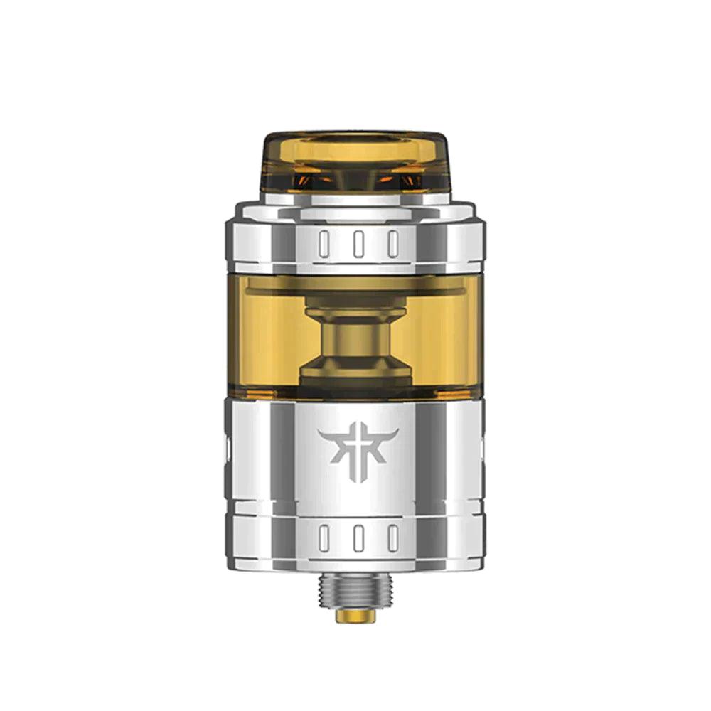 Silver and gold Vandy Vape Requiem RTA with transparent tank section.