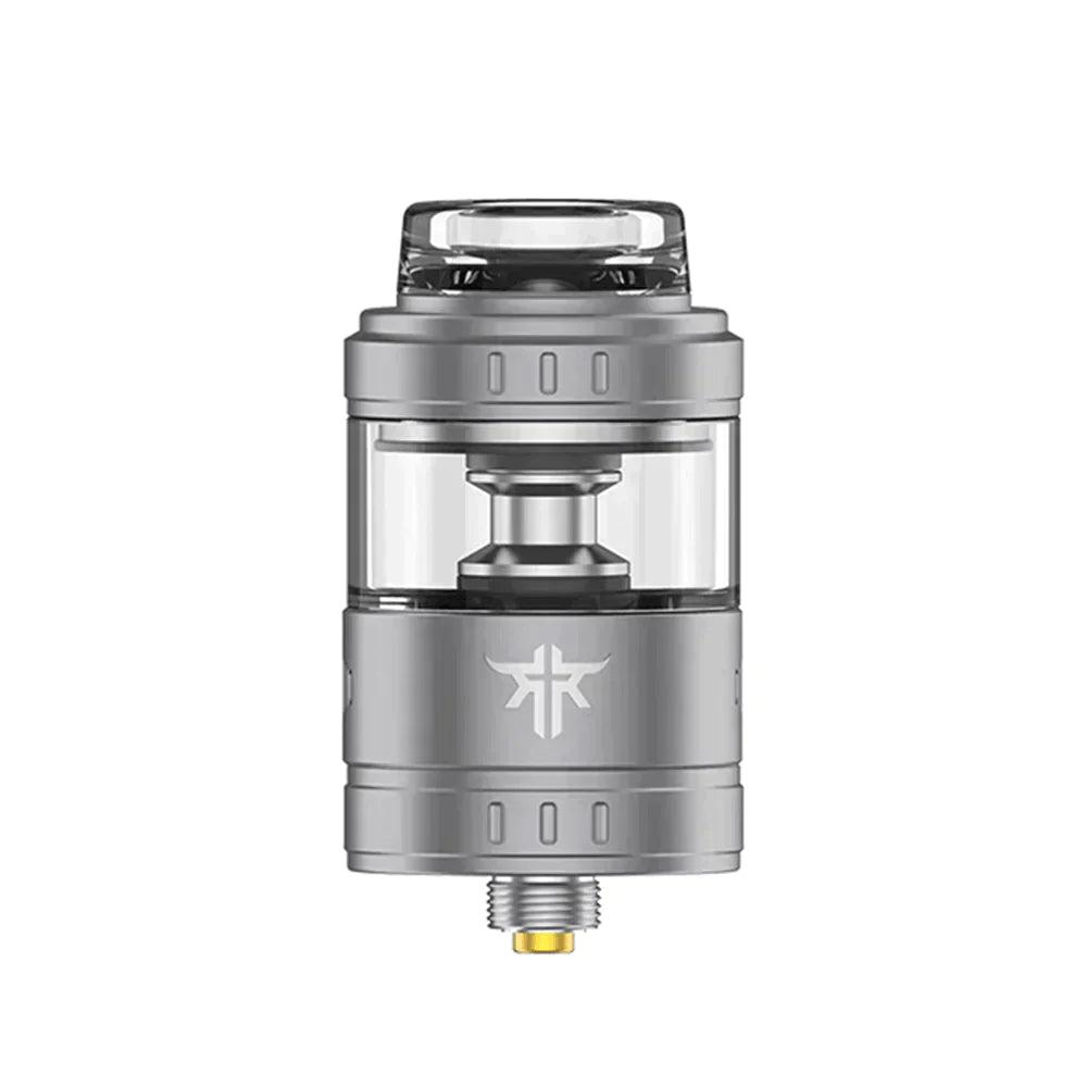 Silver Vandy Vape Requiem RTA with transparent tank, isolated on white background.