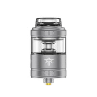 Silver Vandy Vape Requiem RTA with transparent tank, isolated on white background.